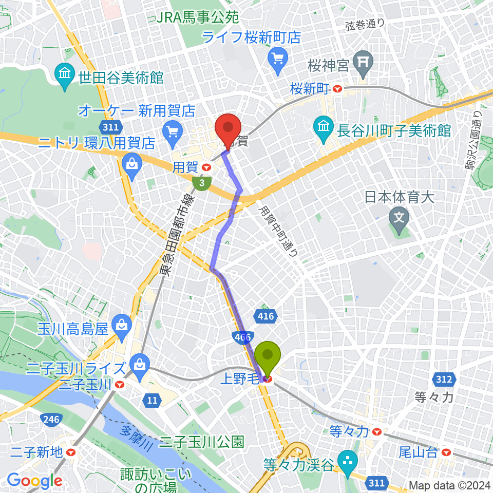 上野毛駅からGGジャズレッスンへのルートマップ地図