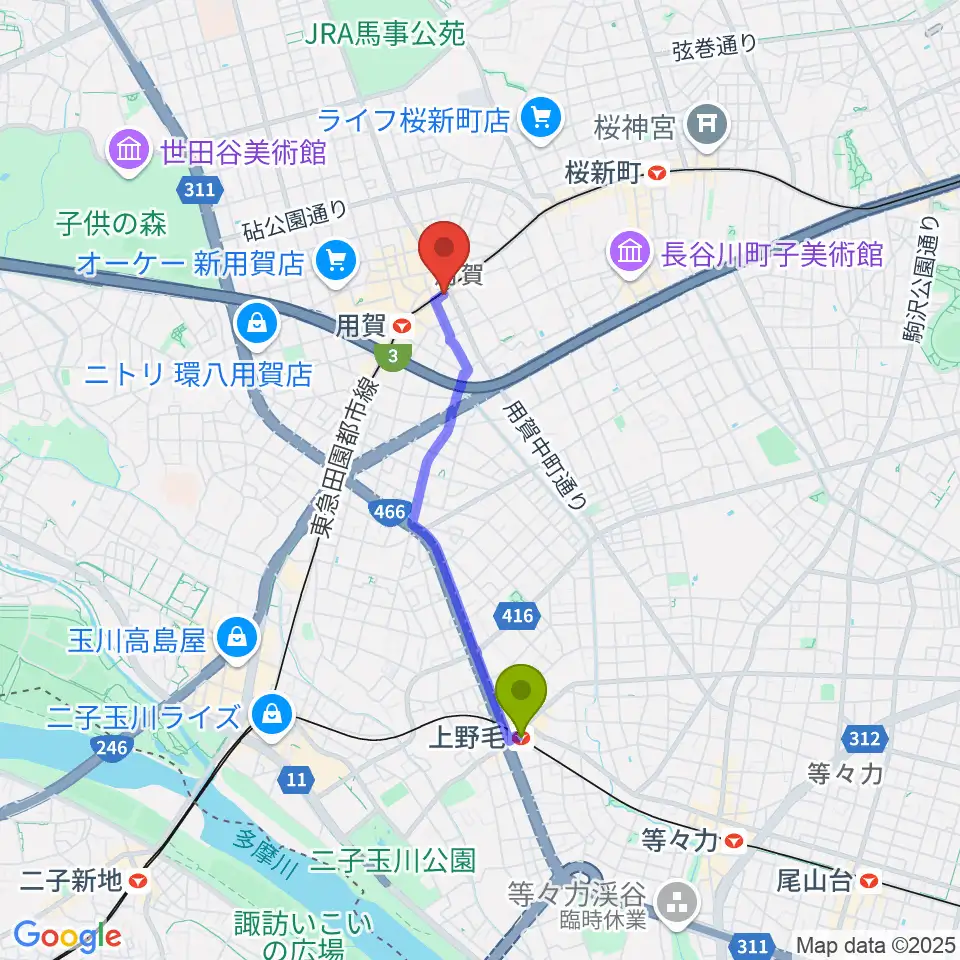 上野毛駅からGGジャズレッスンへのルートマップ地図