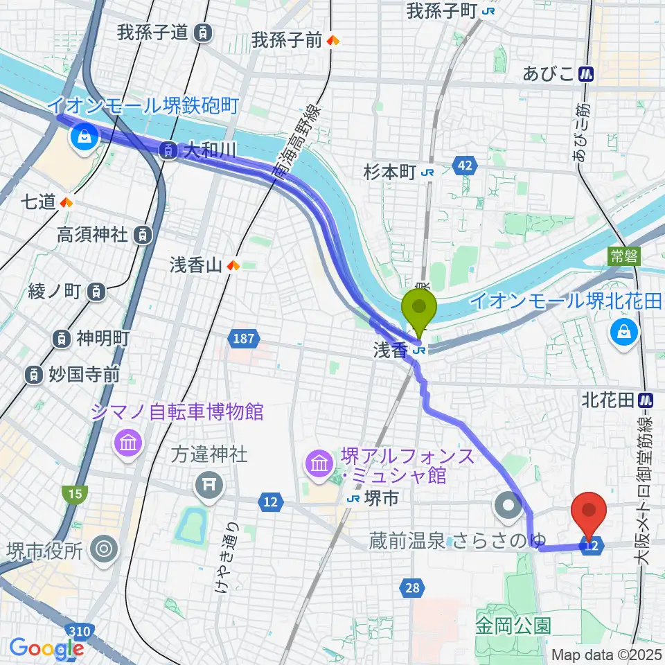浅香駅からピアノ教室 IPSへのルートマップ地図