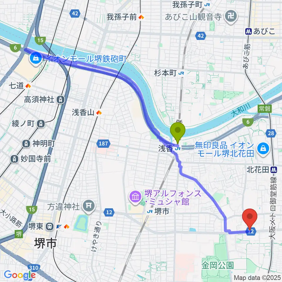 浅香駅からピアノ教室 IPSへのルートマップ地図