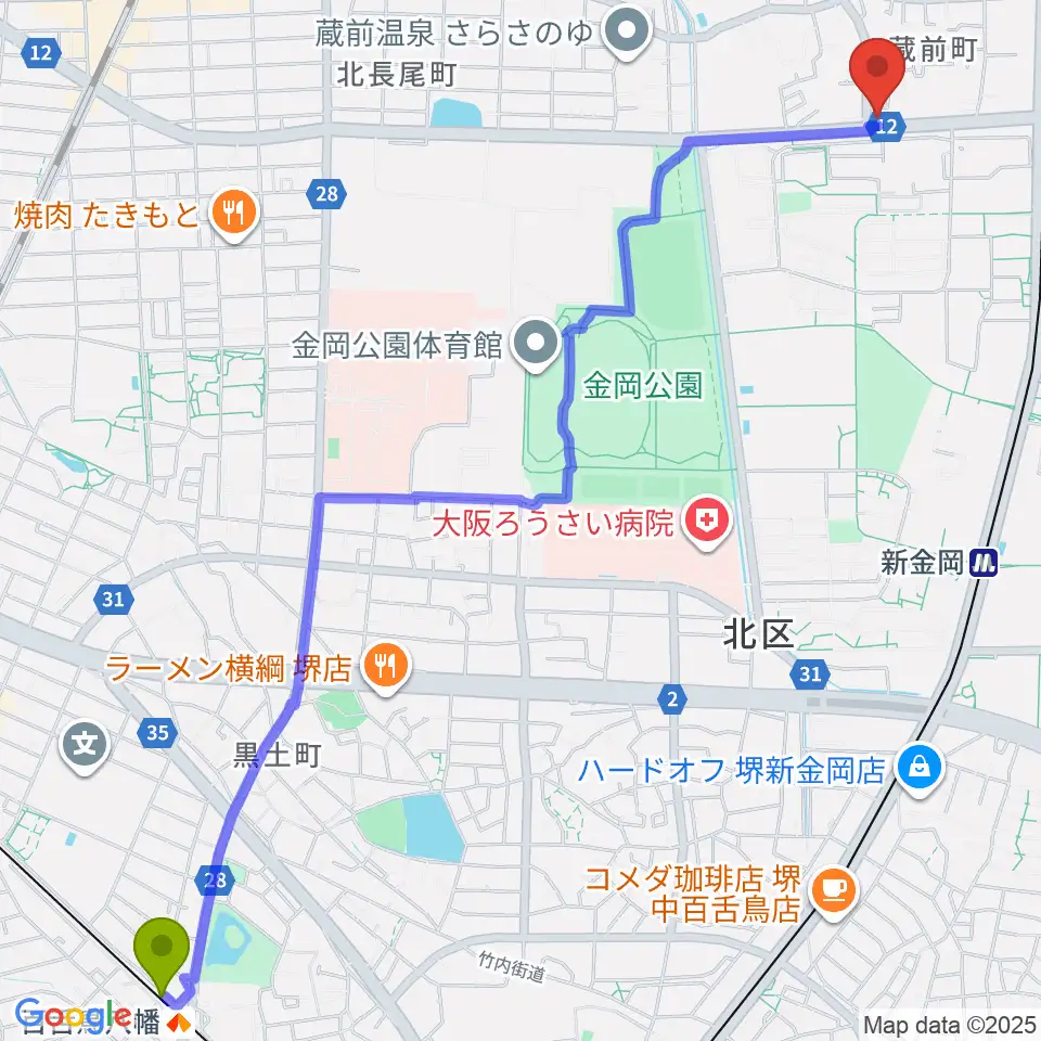 百舌鳥八幡駅からピアノ教室 IPSへのルートマップ地図