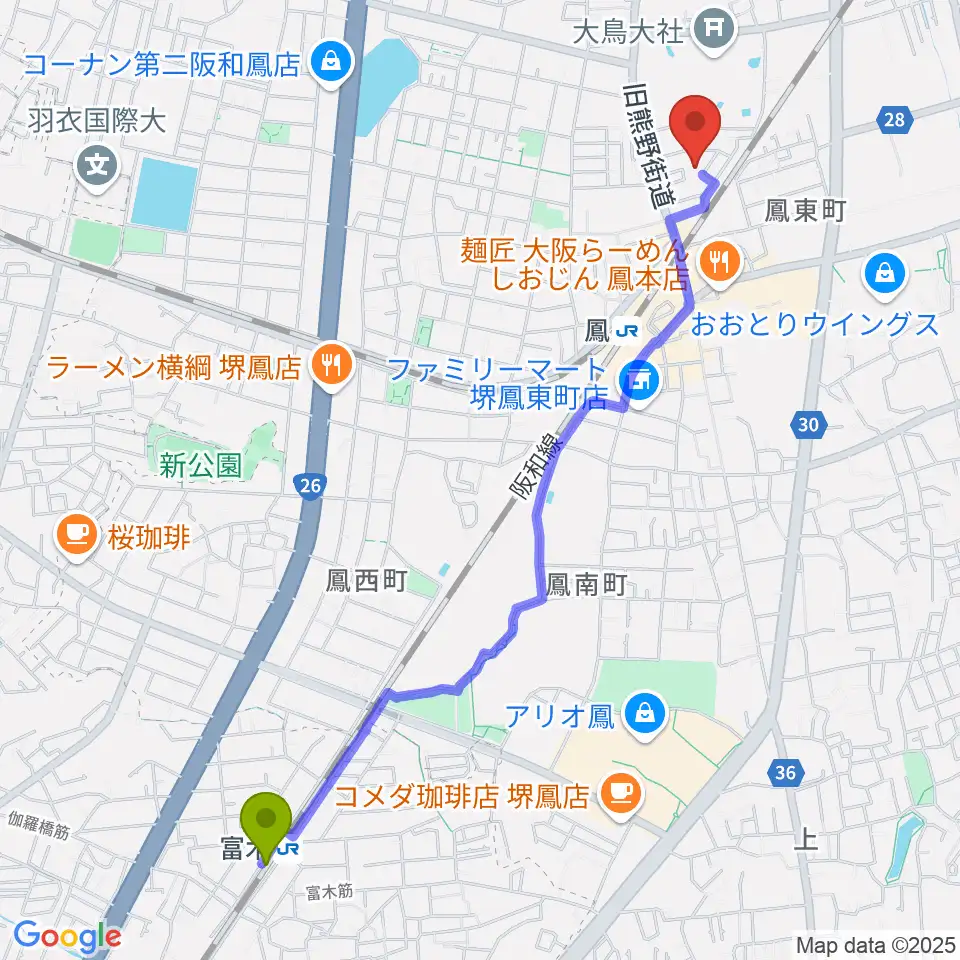 富木駅からシーディーオーサウンドピアノ教室へのルートマップ地図