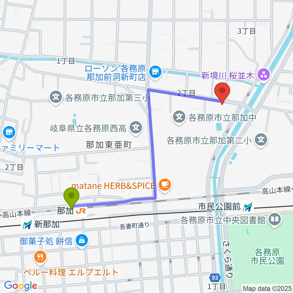 那加駅からウインドウエーブ 管楽器教室へのルートマップ地図