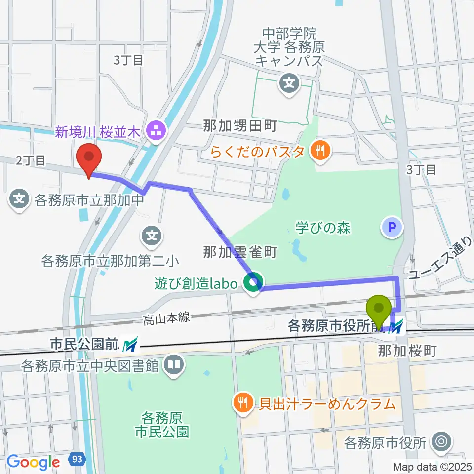 各務原市役所前駅からウインドウエーブ 管楽器教室へのルートマップ地図