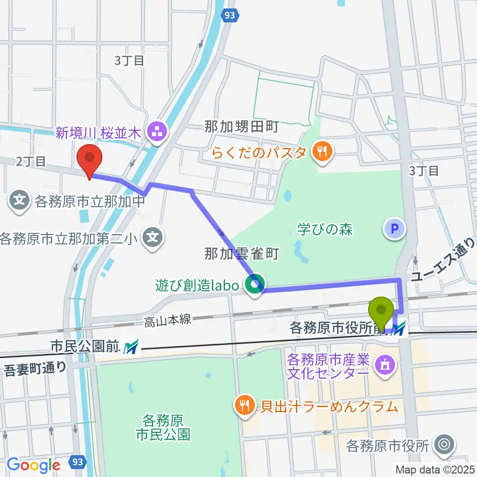 各務原市役所前駅からウインドウエーブ 管楽器教室へのルートマップ地図