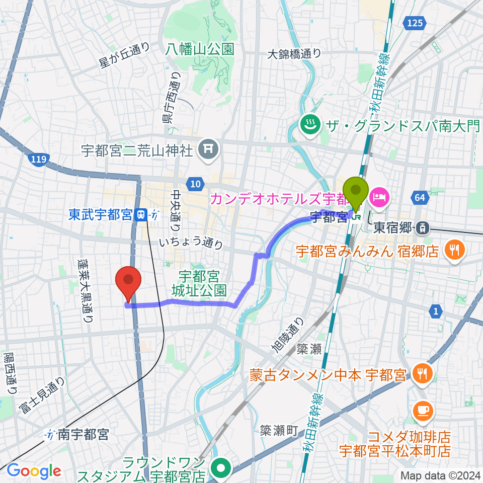 宇都宮駅からアプトホールへのルートマップ地図