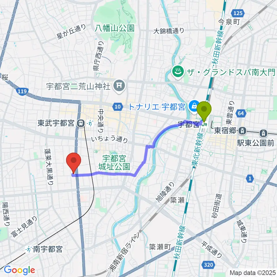 宇都宮駅からアプトホールへのルートマップ地図