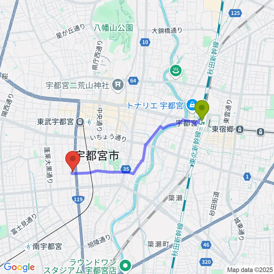 宇都宮駅からアプトホールへのルートマップ地図