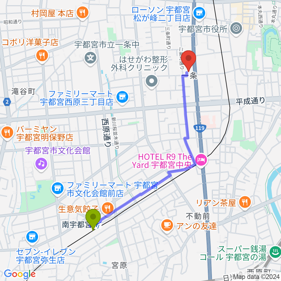 南宇都宮駅からアプトホールへのルートマップ地図