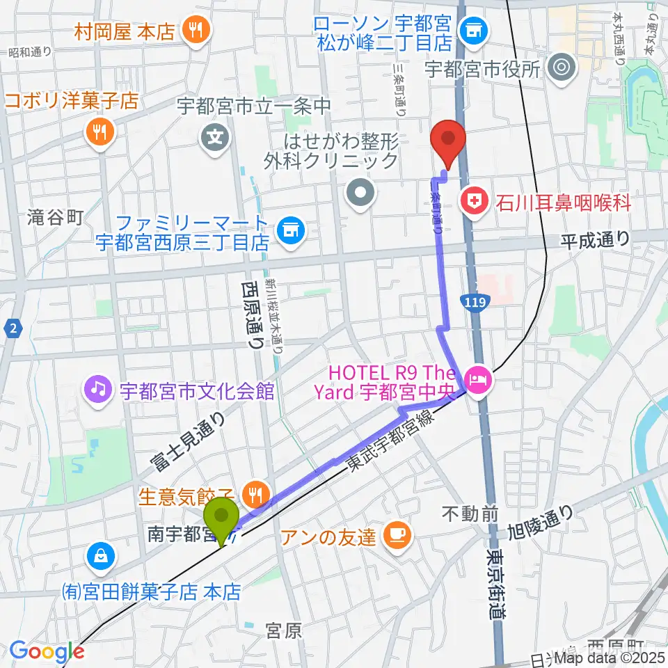 南宇都宮駅からアプトホールへのルートマップ地図