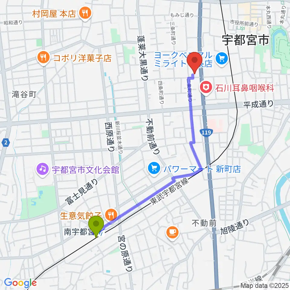 南宇都宮駅からアプトホールへのルートマップ地図