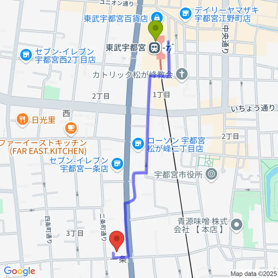 アプトホールの最寄駅東武宇都宮駅からの徒歩ルート（約12分）地図