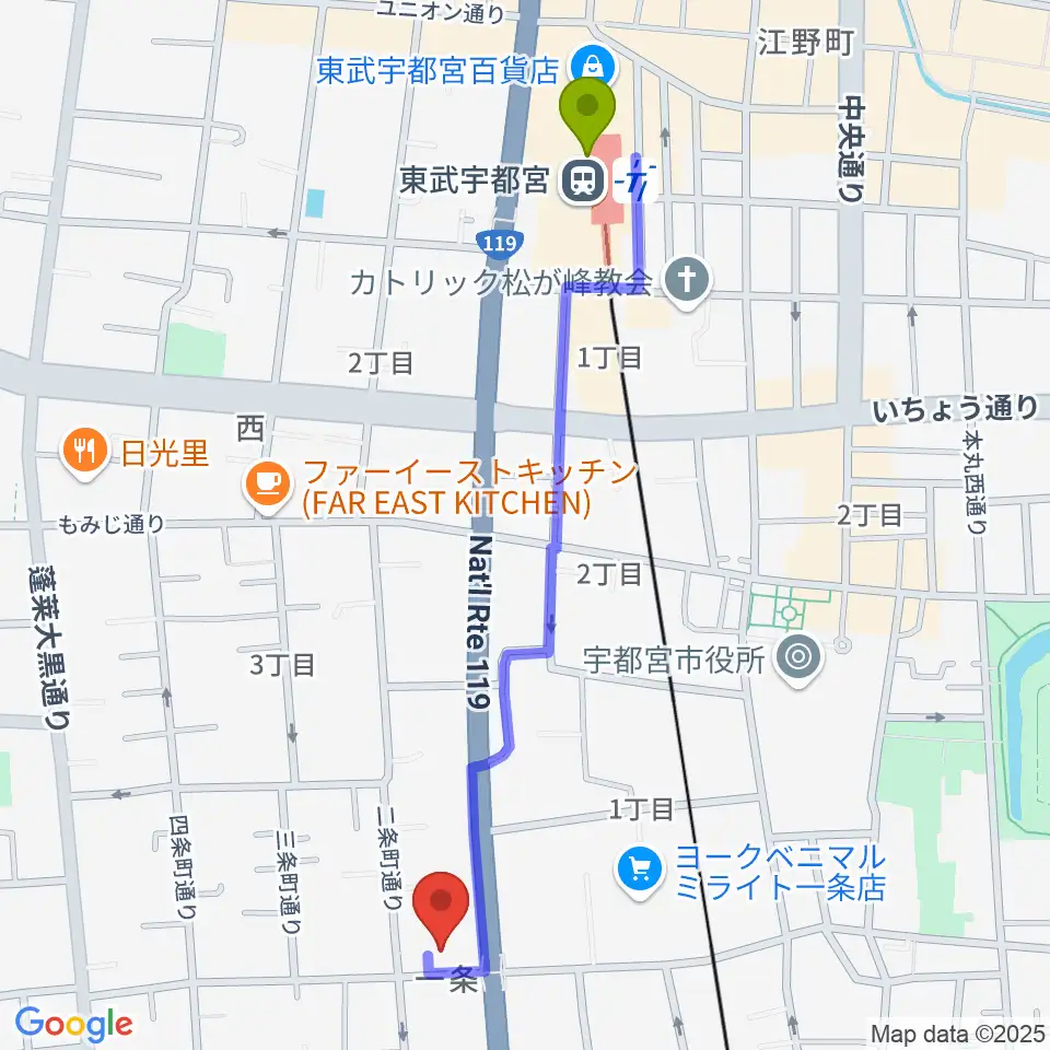 アプトホールの最寄駅東武宇都宮駅からの徒歩ルート（約12分）地図