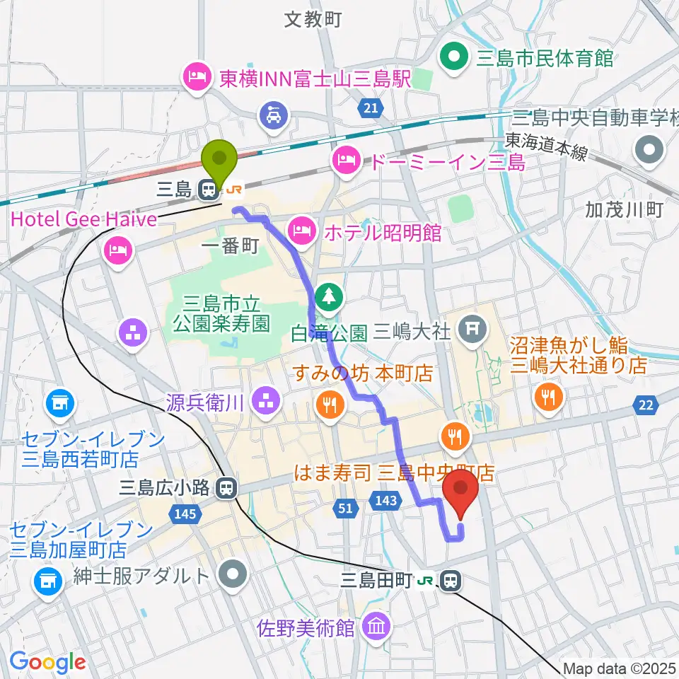 三島駅からスペースチャオ ピアノ教室へのルートマップ地図