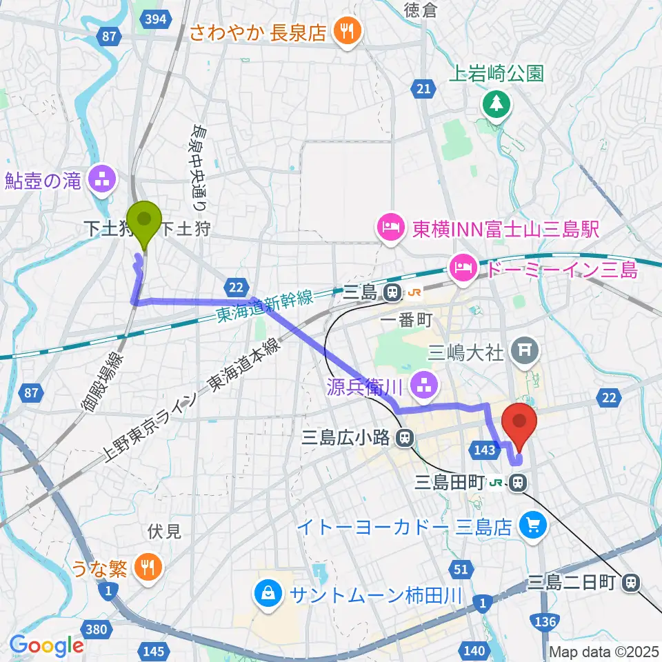 下土狩駅からスペースチャオ ピアノ教室へのルートマップ地図