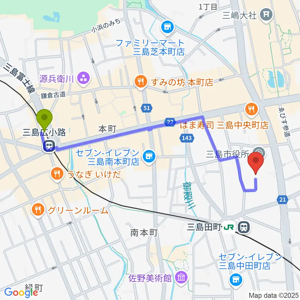 三島広小路駅からスペースチャオ ピアノ教室へのルートマップ地図