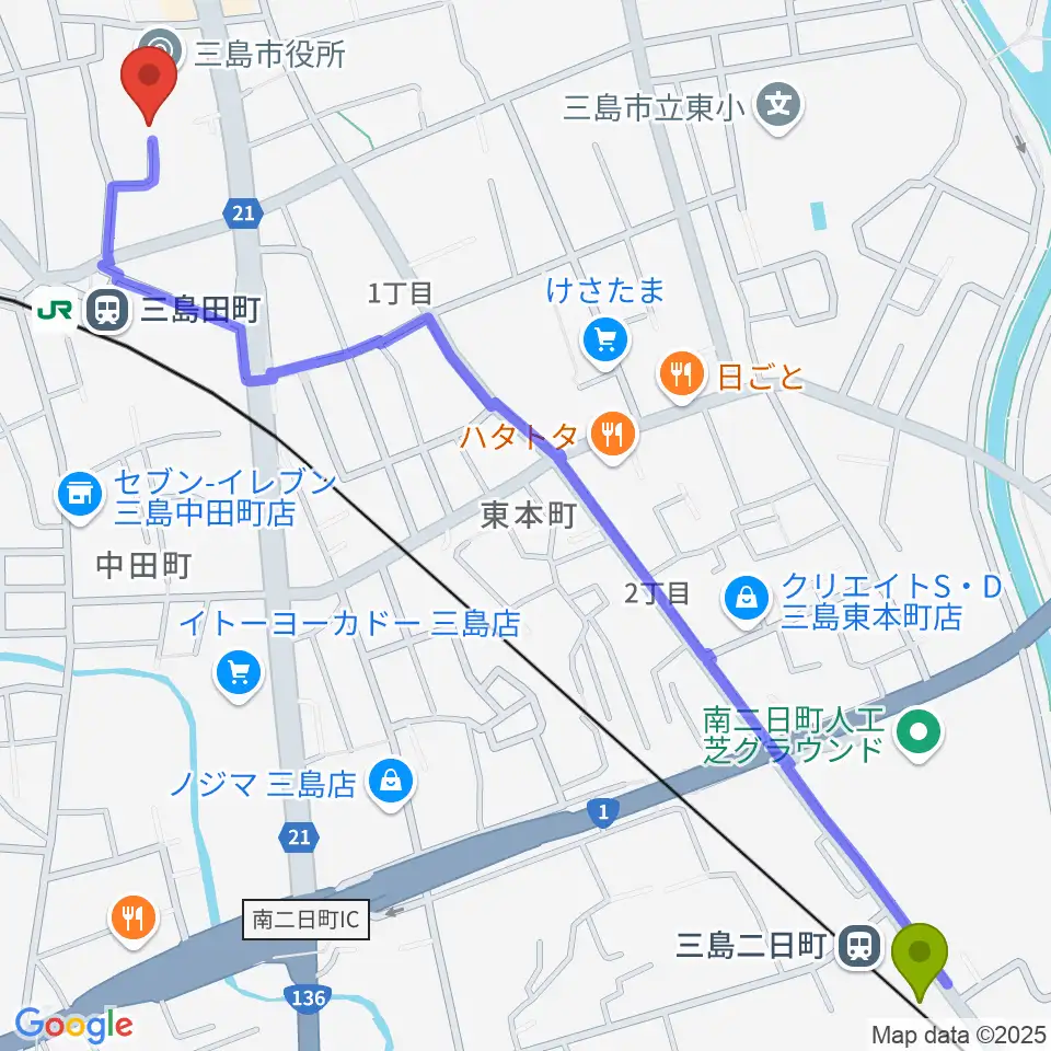 三島二日町駅からスペースチャオ ピアノ教室へのルートマップ地図