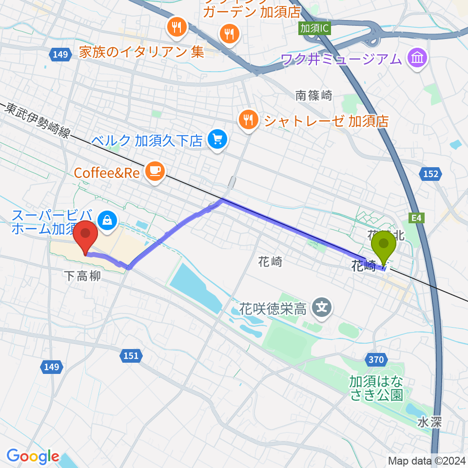 花崎駅から昭和楽器 ビバモール加須センターへのルートマップ地図