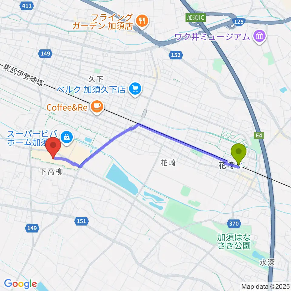 花崎駅から昭和楽器 ビバモール加須センターへのルートマップ地図