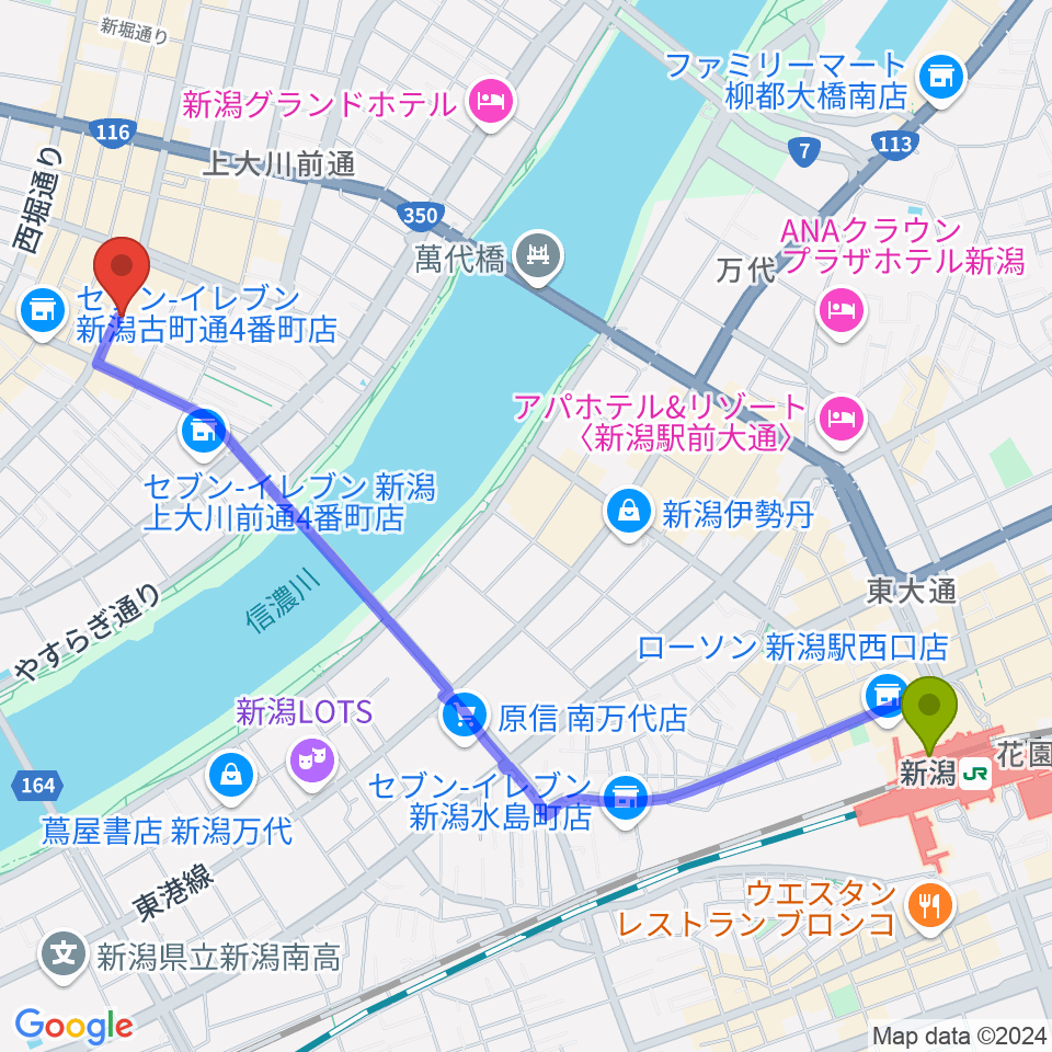 新潟駅からあぽろん新潟店へのルートマップ地図