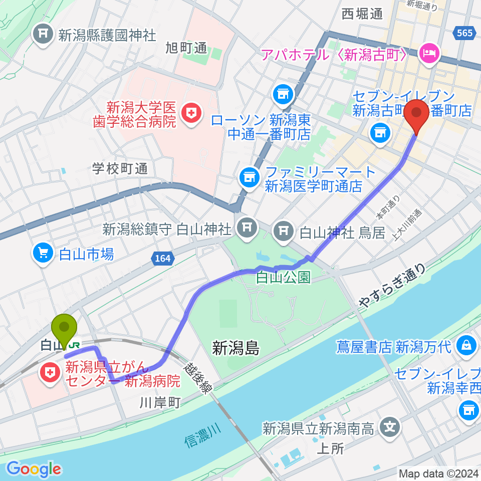 あぽろん新潟店の最寄駅白山駅からの徒歩ルート（約26分）地図