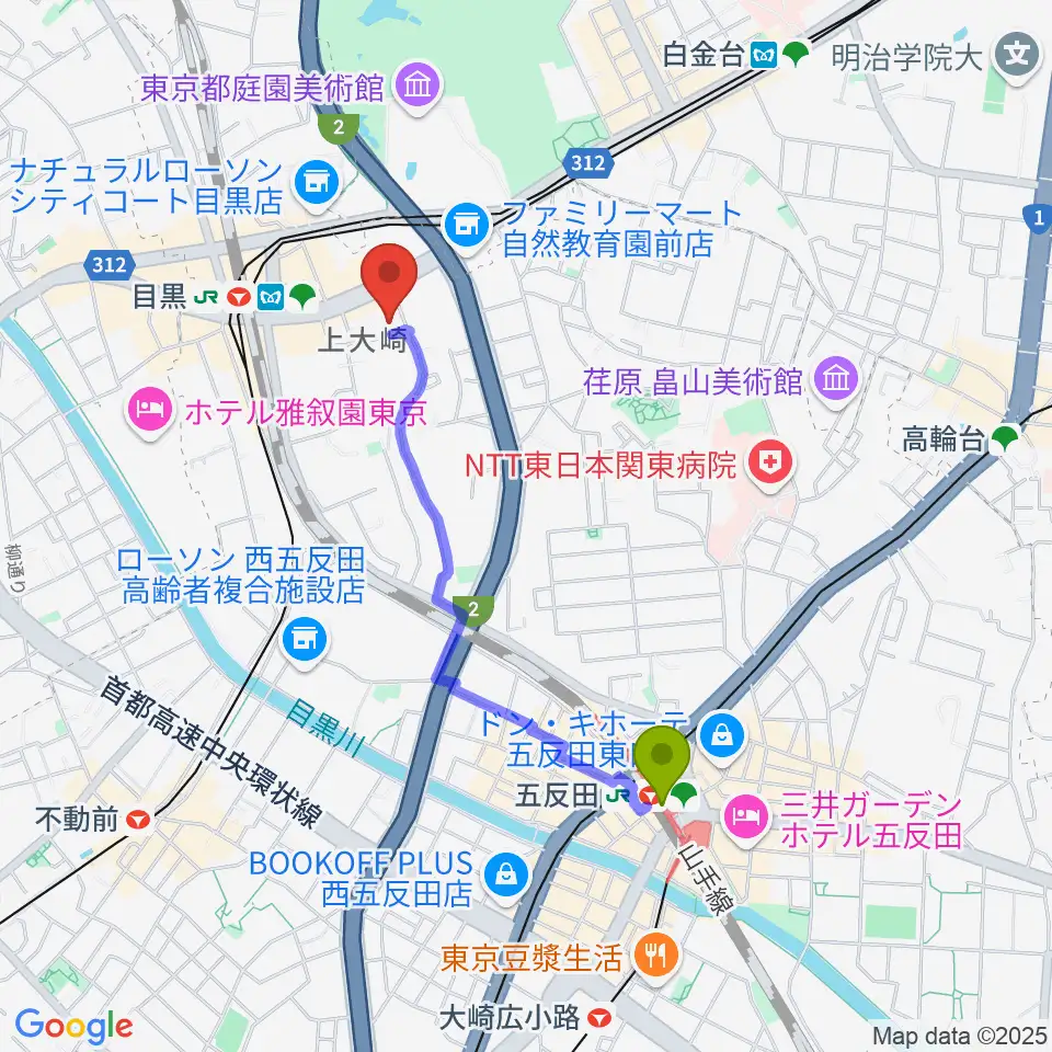 五反田駅からアスク音楽院 東京へのルートマップ地図