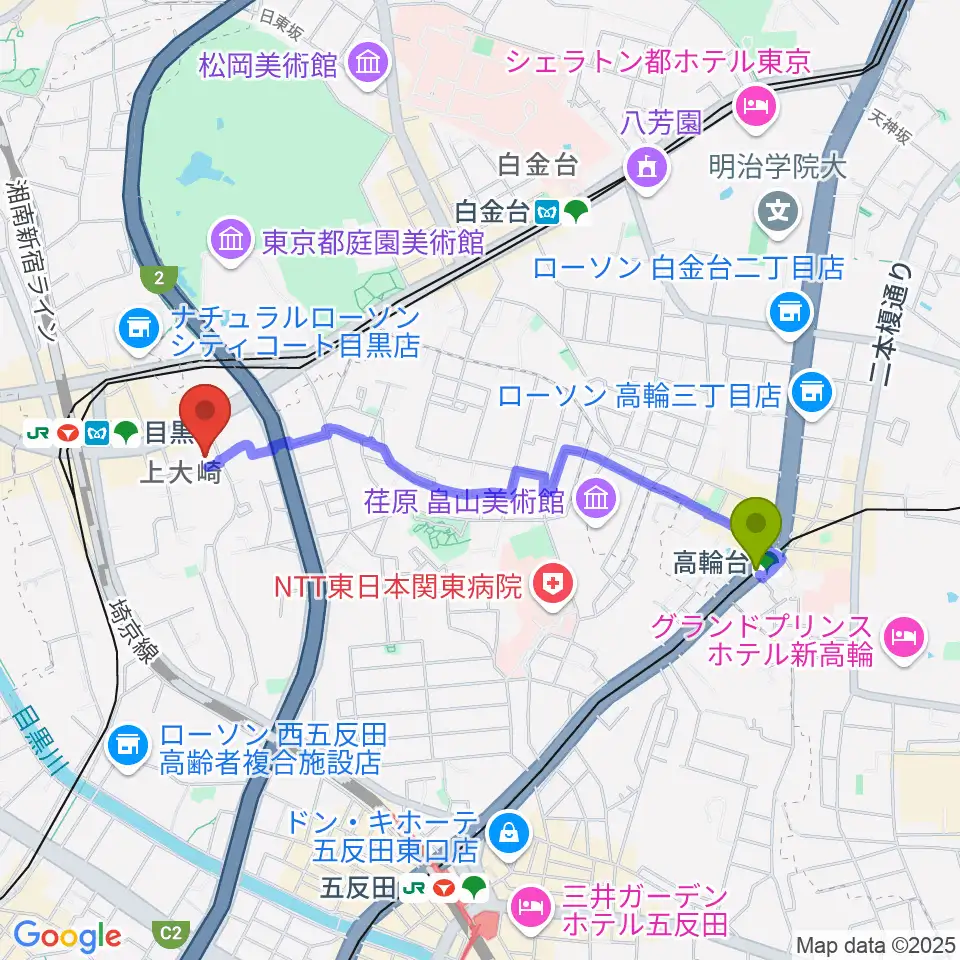 高輪台駅からアスク音楽院 東京へのルートマップ地図