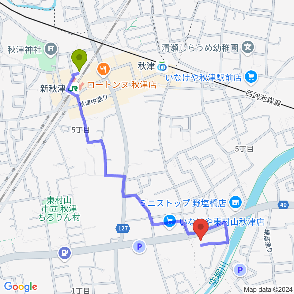 新秋津駅からYOKOピアノ音楽教室へのルートマップ地図