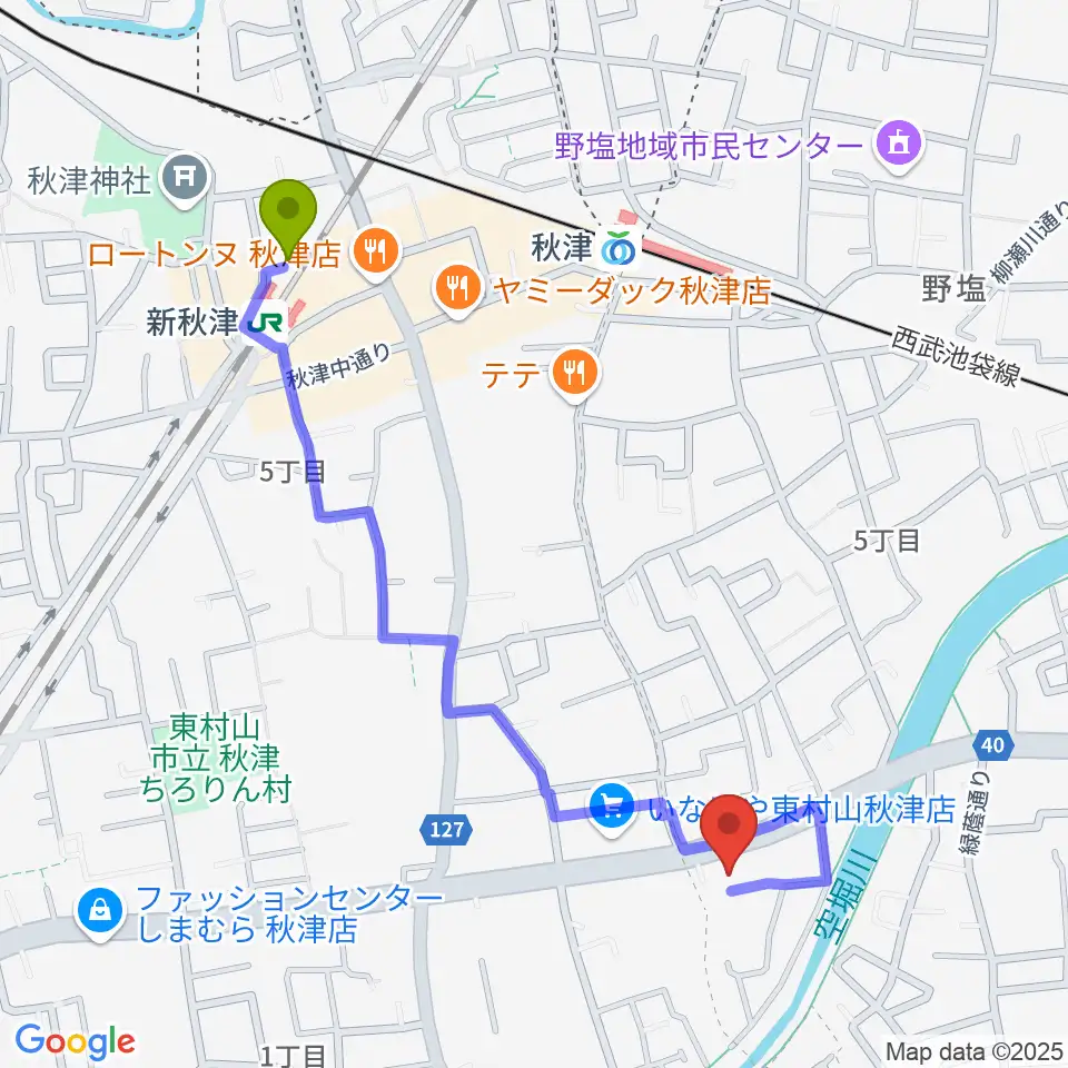 新秋津駅からYOKOピアノ音楽教室へのルートマップ地図