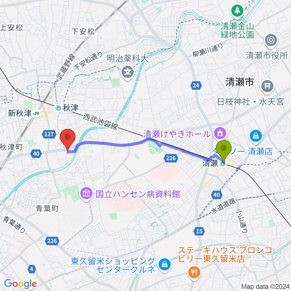 清瀬駅からYOKOピアノ音楽教室へのルートマップ地図