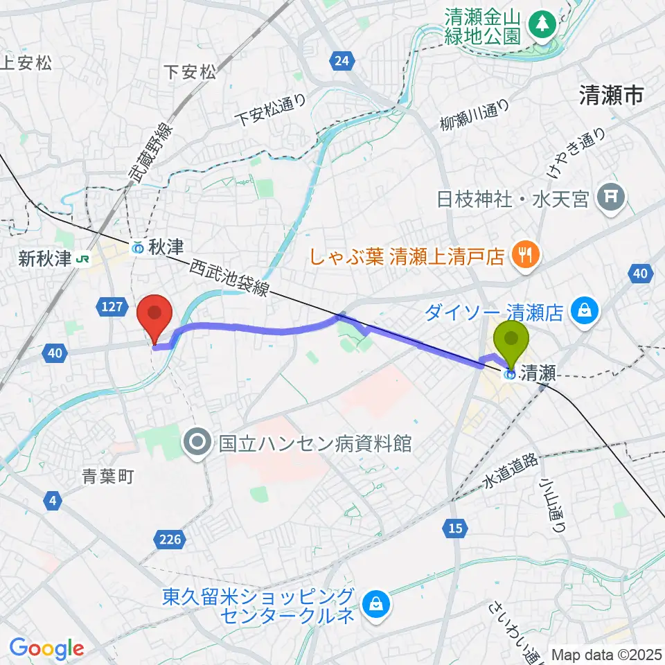 清瀬駅からYOKOピアノ音楽教室へのルートマップ地図