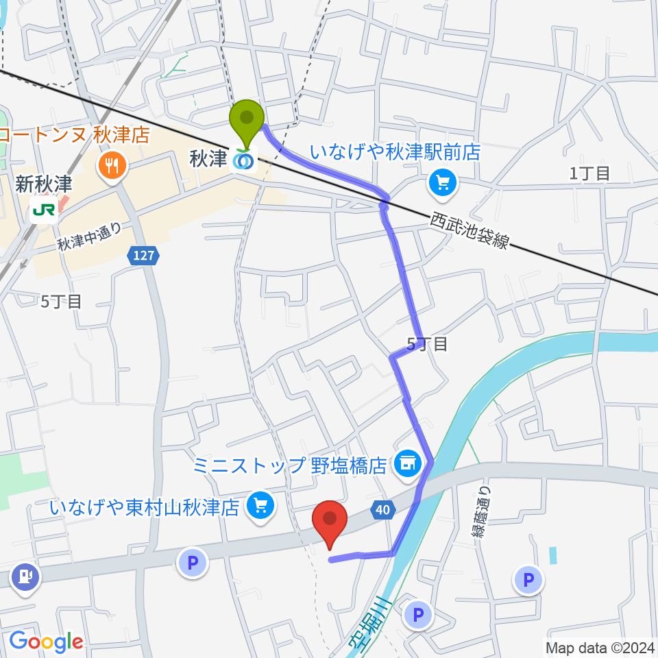 YOKOピアノ音楽教室の最寄駅秋津駅からの徒歩ルート（約10分）地図