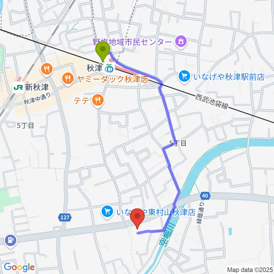 YOKOピアノ音楽教室の最寄駅秋津駅からの徒歩ルート（約10分）地図