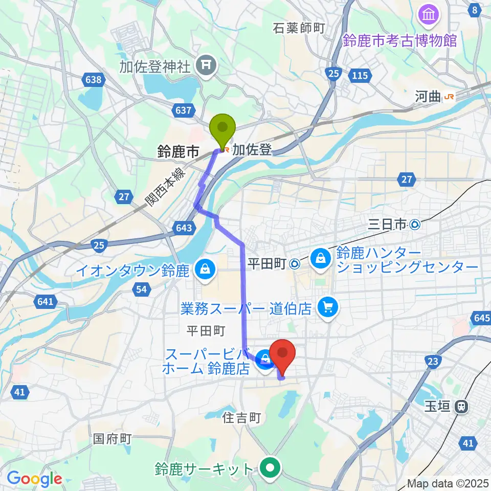 加佐登駅から鈴鹿 VOICE HALLへのルートマップ地図