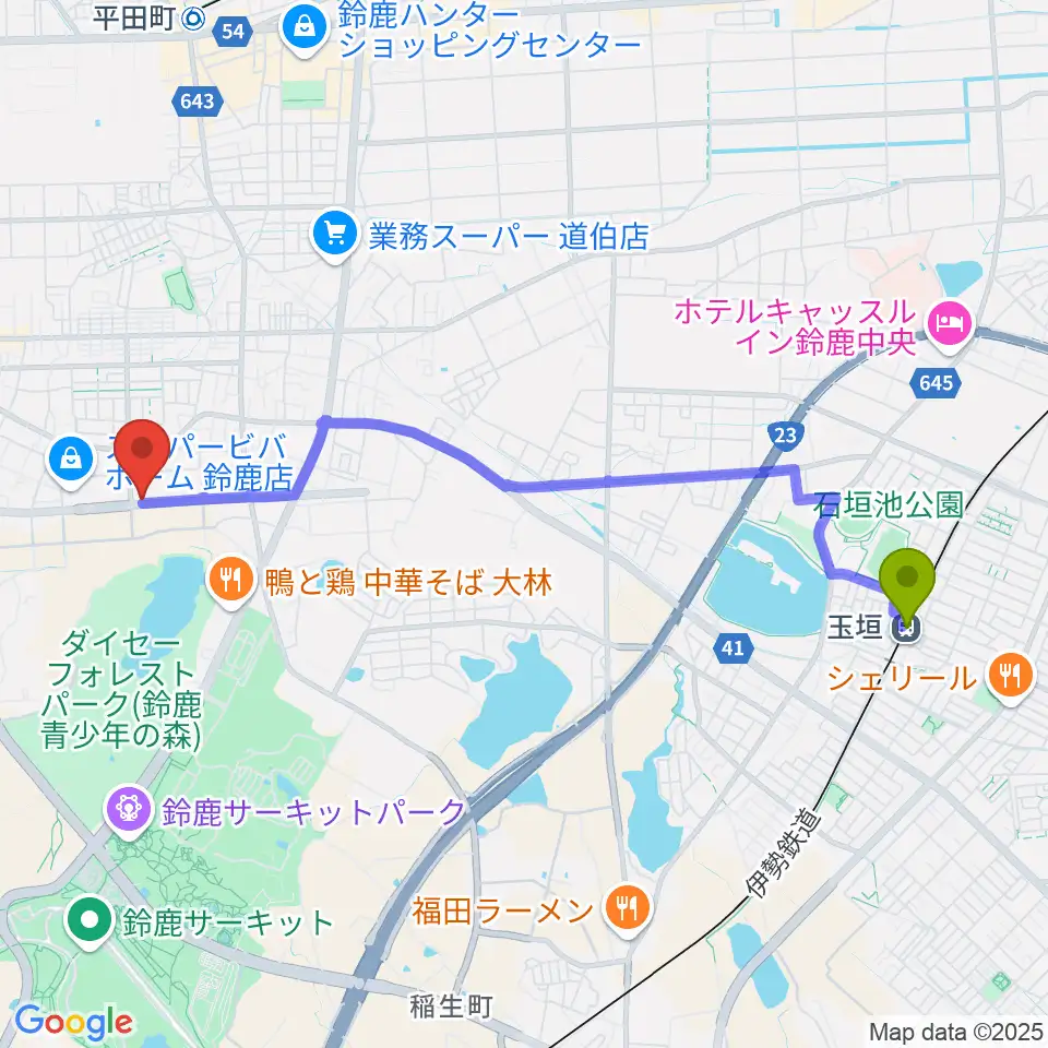 玉垣駅から鈴鹿 VOICE HALLへのルートマップ地図