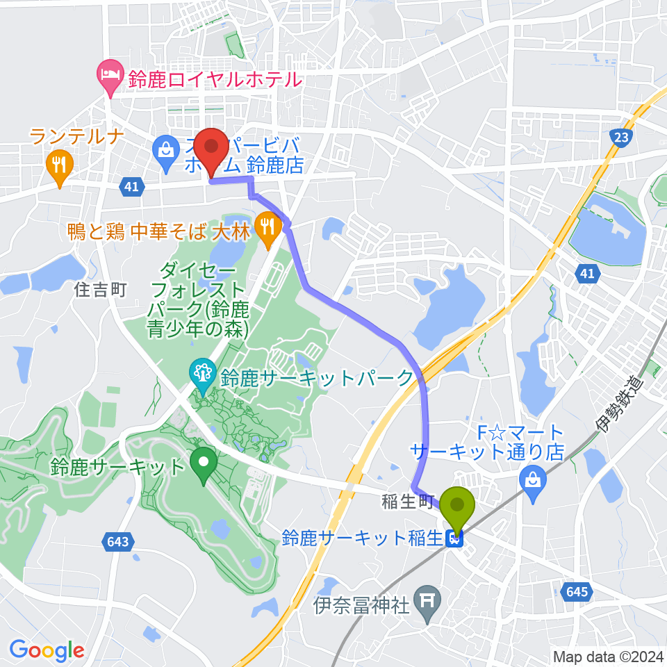 鈴鹿サーキット稲生駅から鈴鹿 VOICE HALLへのルートマップ地図