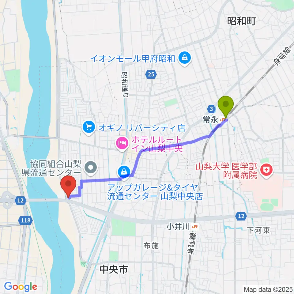 常永駅からアキピアノ教室へのルートマップ地図