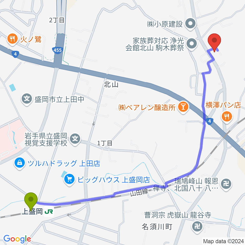 高野ヴォーカル・ピアノ音楽教室の最寄駅上盛岡駅からの徒歩ルート（約15分）地図