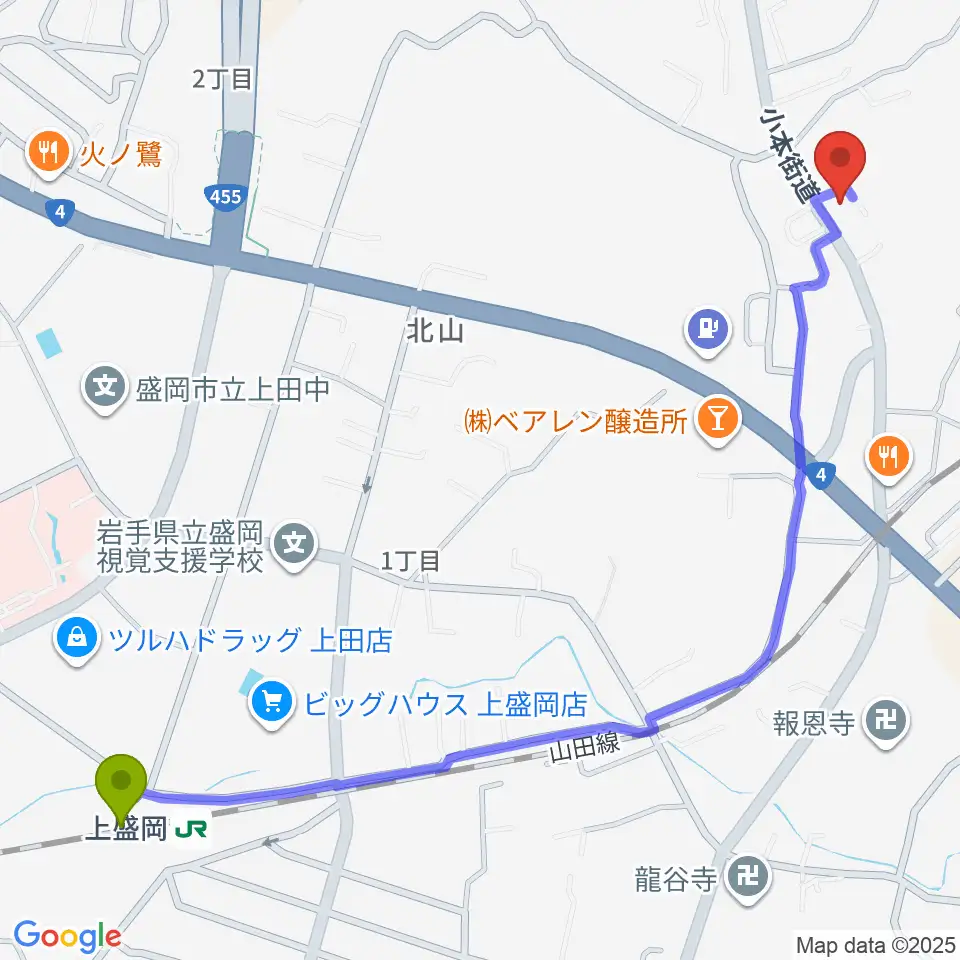 高野ヴォーカル・ピアノ音楽教室の最寄駅上盛岡駅からの徒歩ルート（約15分）地図
