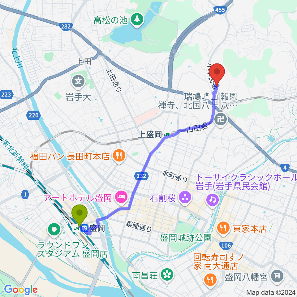 盛岡駅から高野ヴォーカル・ピアノ音楽教室へのルートマップ地図