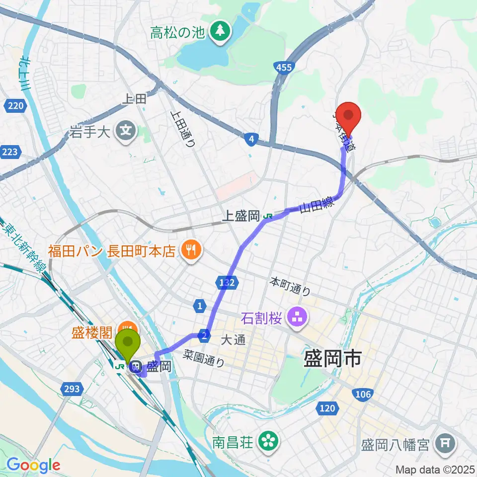盛岡駅から高野ヴォーカル・ピアノ音楽教室へのルートマップ地図