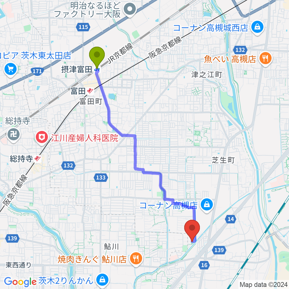 摂津富田駅から古木ギター教室へのルートマップ地図