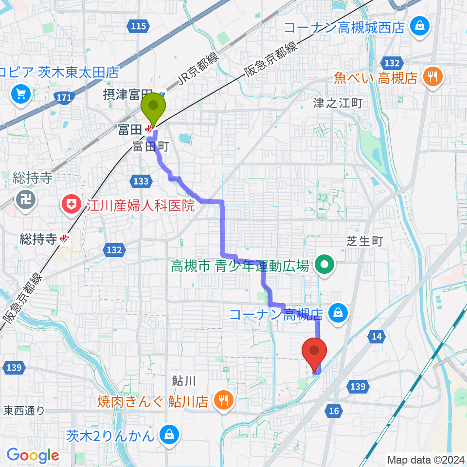 富田駅から古木ギター教室へのルートマップ地図