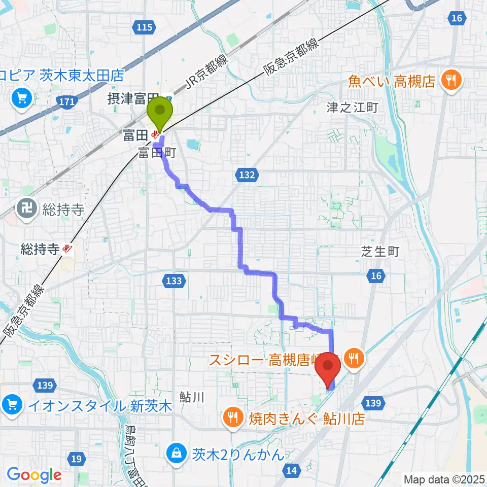 富田駅から古木ギター教室へのルートマップ地図