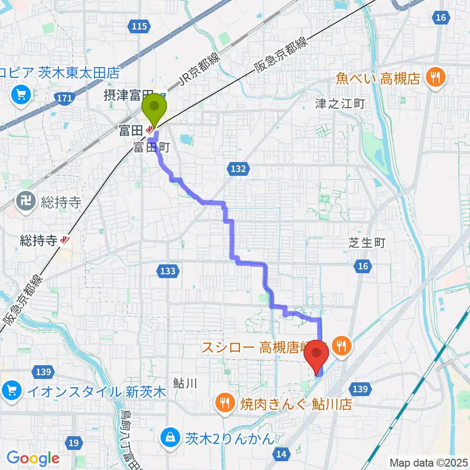 富田駅から古木ギター教室へのルートマップ地図