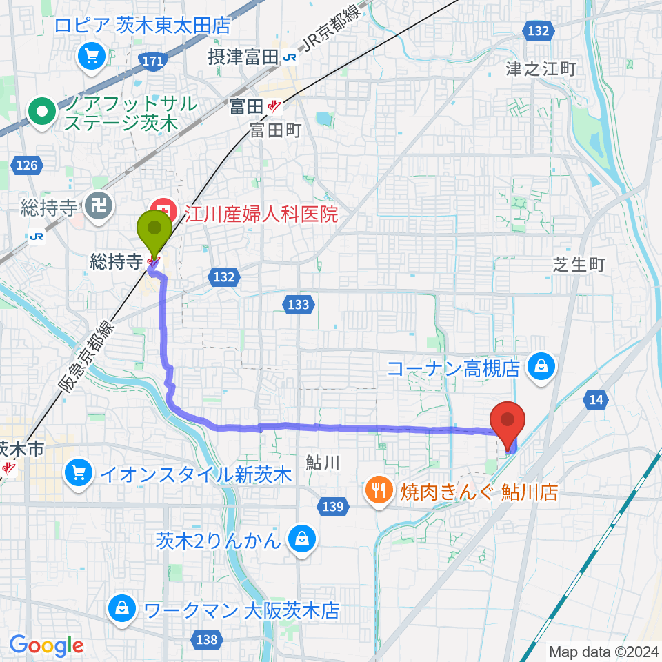 古木ギター教室の最寄駅総持寺駅からの徒歩ルート（約38分）地図