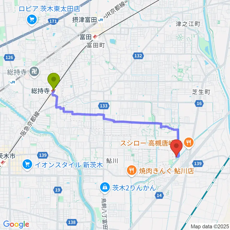 古木ギター教室の最寄駅総持寺駅からの徒歩ルート（約38分）地図