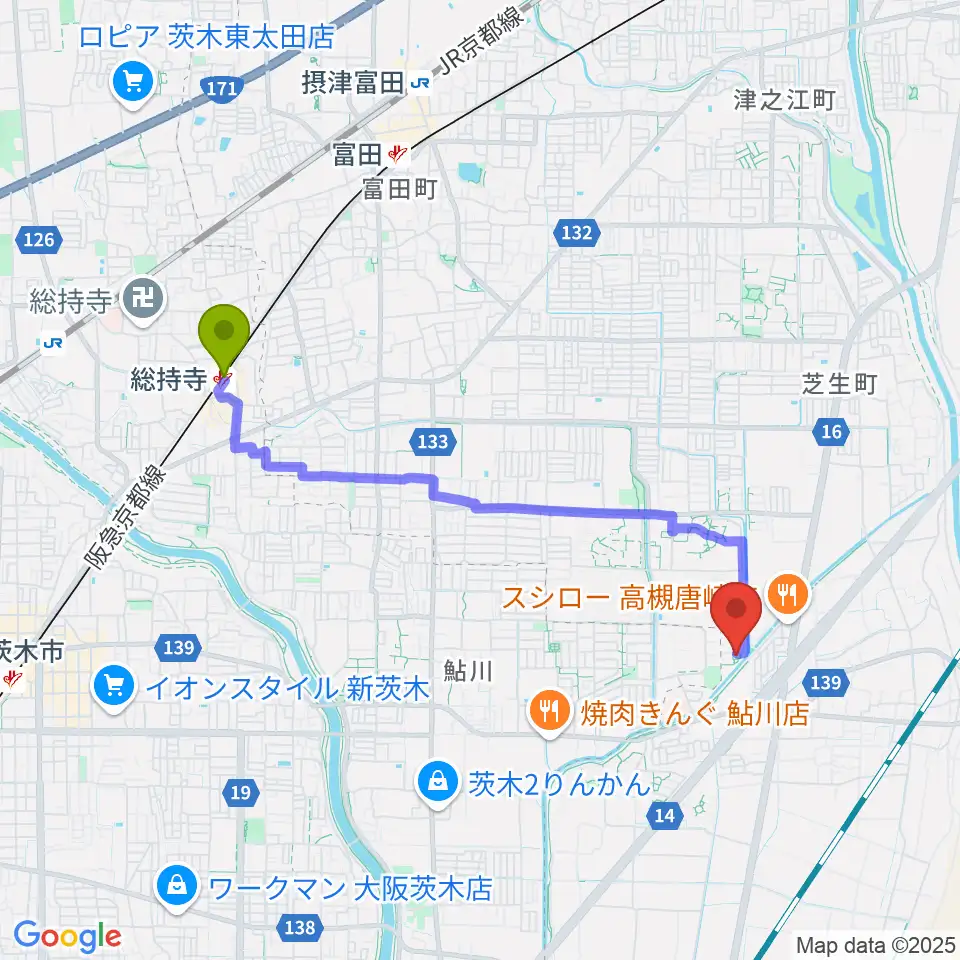 古木ギター教室の最寄駅総持寺駅からの徒歩ルート（約38分）地図