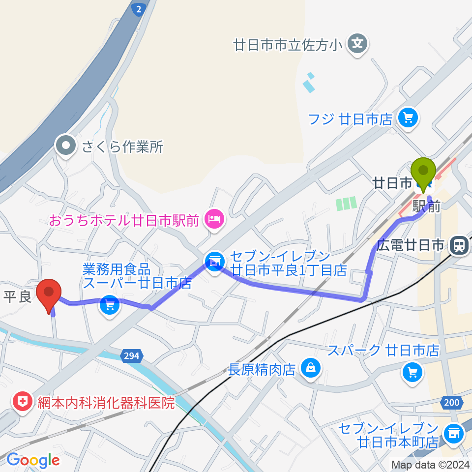 廿日市駅からおきむらリトミック・ピアノ教室へのルートマップ地図