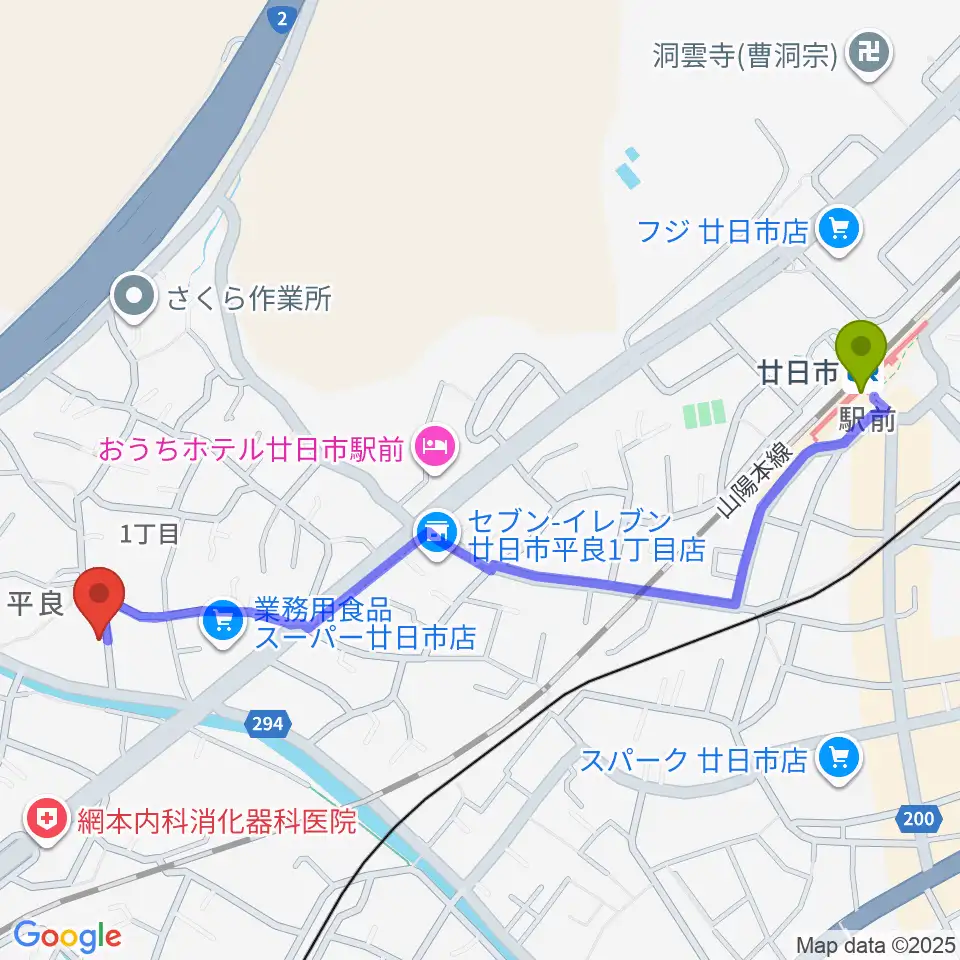 廿日市駅からおきむらリトミック・ピアノ教室へのルートマップ地図